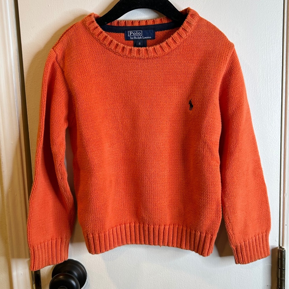 Polo Ralph Lauren Kids Orange Cotton Crewneck Sweater Size 6 Pony Logo Preppy
